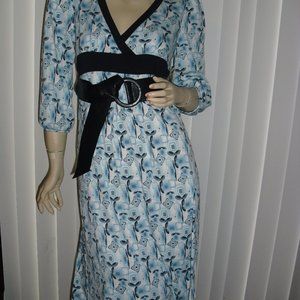 WRAP dress,faux black leather belt,deep V neck,empire cut,unique,Brand New